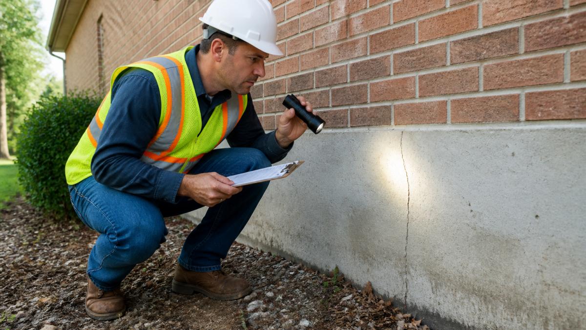 Inspector examining a crack in a brick home foundation during a foundation assessment cost evaluation