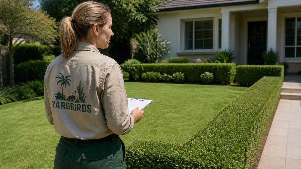 Professional gardener in work attire inspecting a well-maintained rental property garden with healthy lawn and trimmed hedges under clear skies