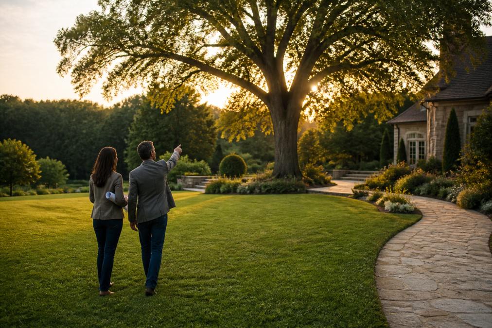 A landscape architect and homeowner walking across a large estate lawn at golden hour, pointing toward a mature oak tree while holding rolled-up site plans, with a sprawling garden and stone pathway visible in the background