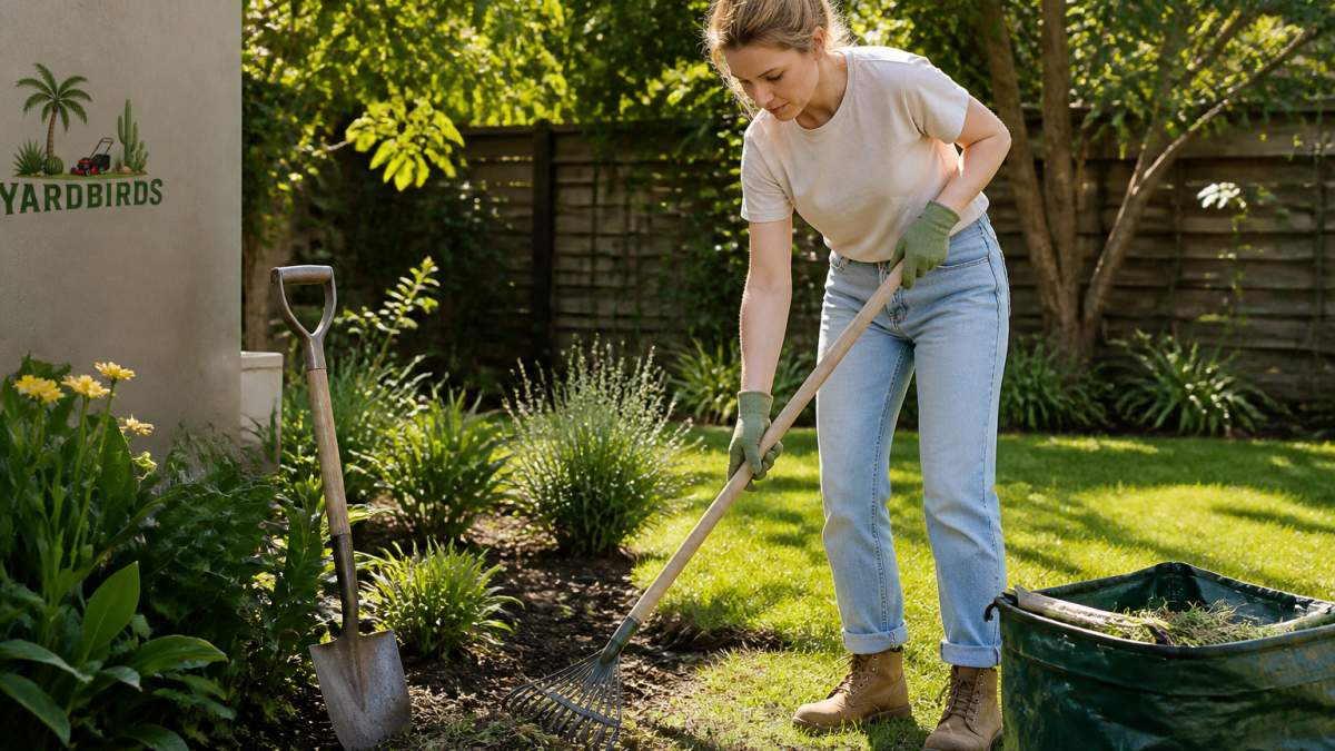 Homeowner in casual clothes using a rake and shovel in their garden on a sunny afternoon, with garden beds and lawn visible in background