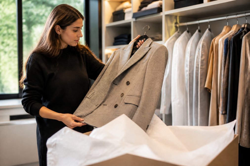 Infographic visualizing the professional garment care process for preserving high-end designer blazers.