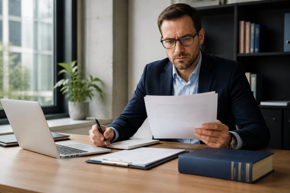 A business professional reviewing legal documents with a laptop and notepad in a modern office, with a German law book visible on the desk