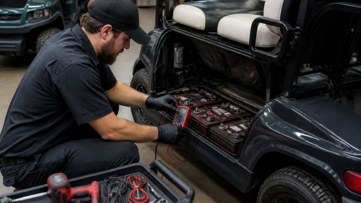 A technician in a service bay connecting a digital multimeter to a golf cart battery pack, with the cart's access panel open and diagnostic equipment visible on a nearby cart