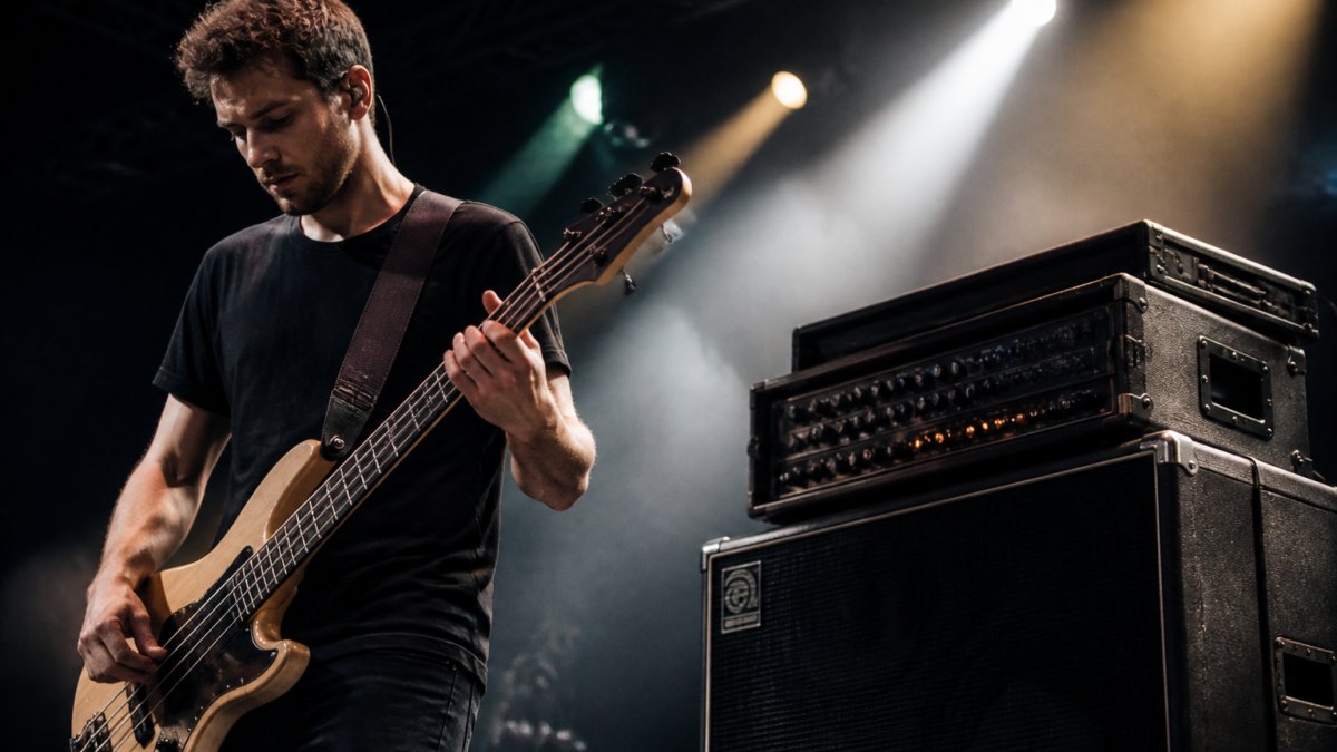 Professional bass player performing on stage with GR Bass amplifier head visible in live event setup, stage lighting highlighting equipment and musician in action