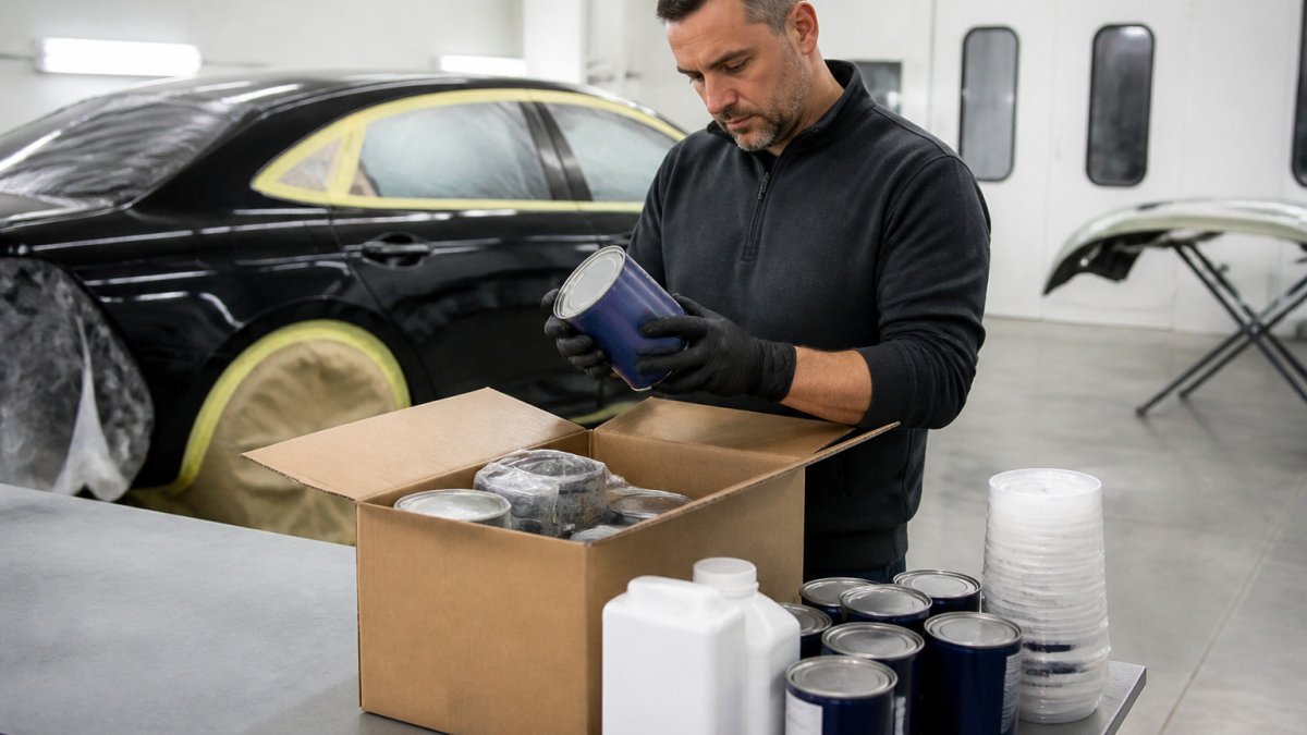 Body shop technician inspecting a shipment of automotive supply online products on a workbench