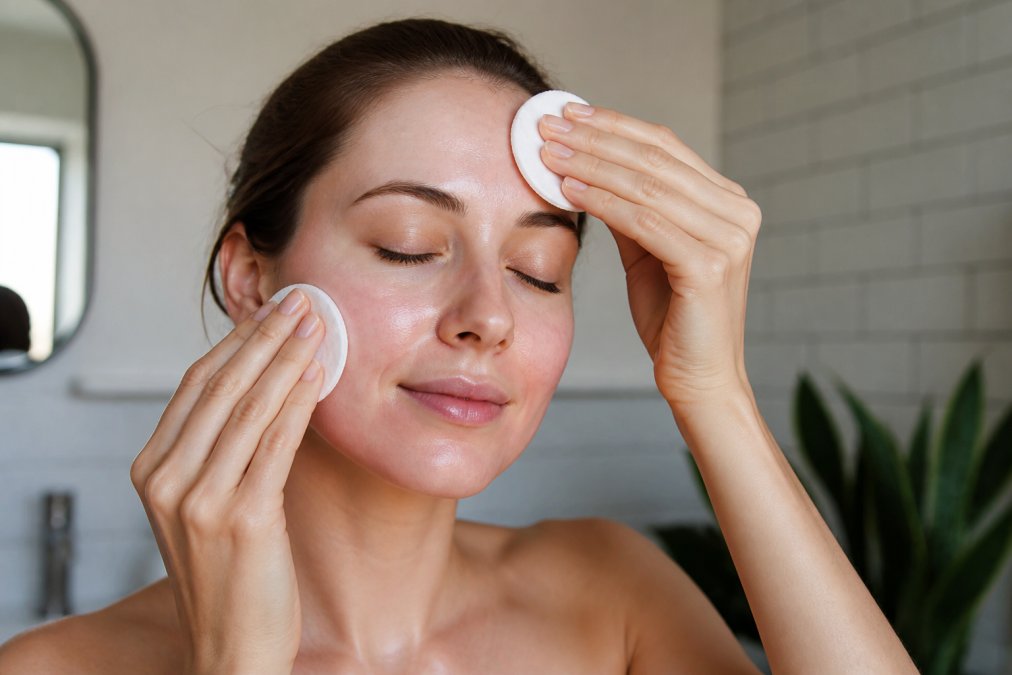 Close-up of a person's face during pre-peel skincare routine, applying a gentle cleanser with a cotton pad under soft natural lighting, showing careful technique on cheeks and forehead
