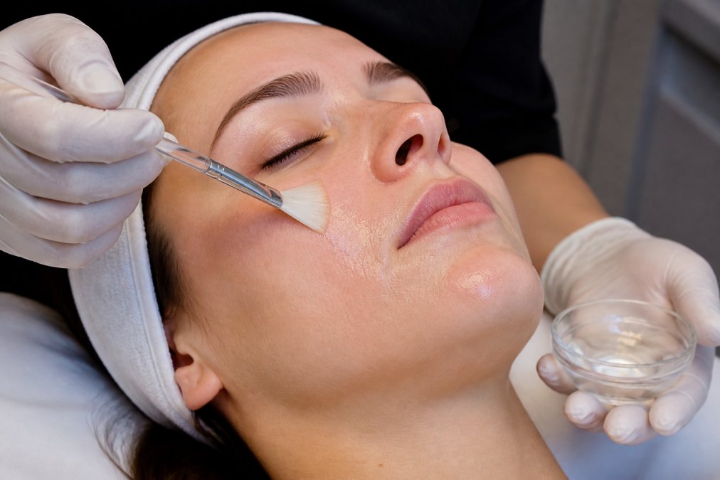 Hands applying chemical peel solution to face with a brush applicator, wearing protective gloves, showing careful technique on cheeks under clinical lighting with proper spacing from eyes