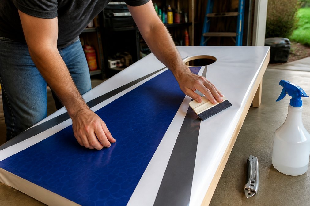 A person using a felt-edged squeegee to smooth a large printed vinyl wrap onto a regulation-size cornhole board in a garage workshop, with a spray bottle and utility knife nearby