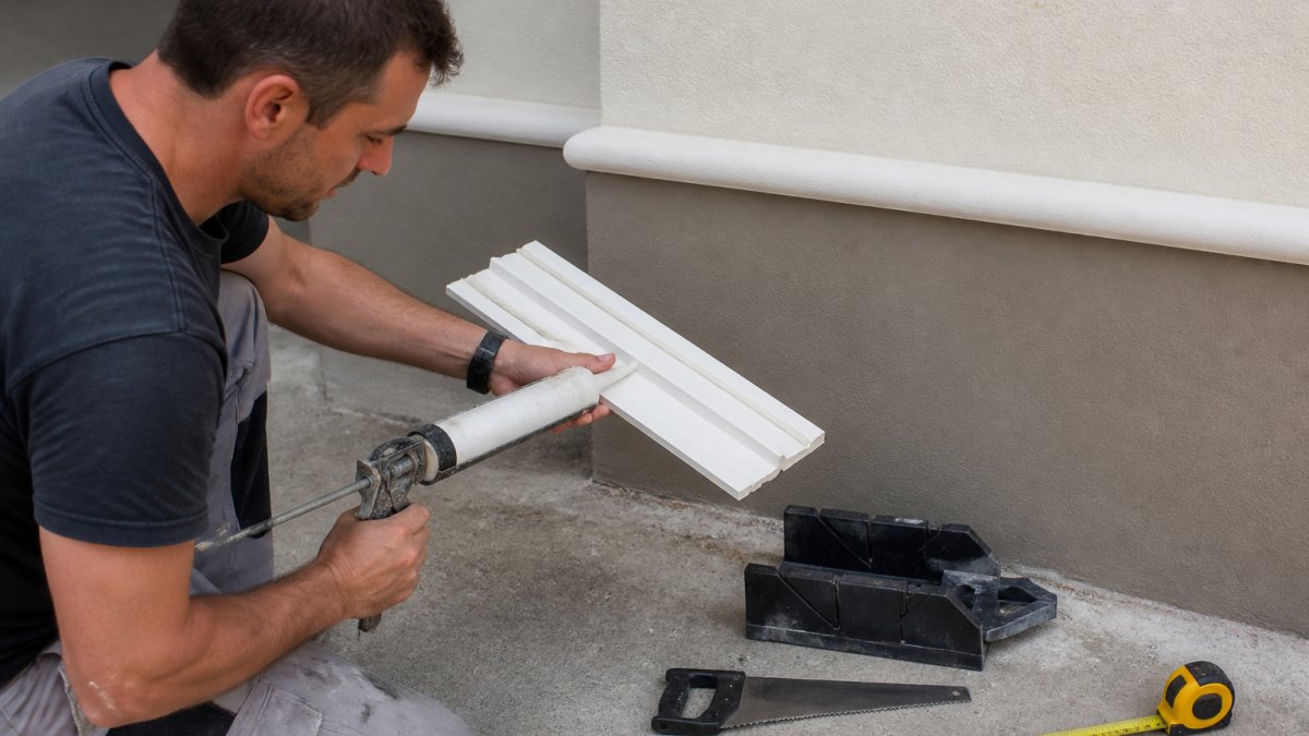 Homeowner applying adhesive to a lightweight polystyrene profile for exterior wall installation