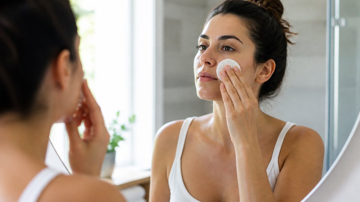 Woman applying an exfoliating pad to her face with a gentle swiping motion, standing in front of a bathroom mirror with soft natural lighting from a window, showing proper technique with light pressure and controlled hand placement