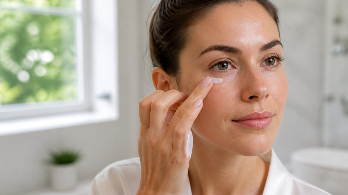 Close-up of a woman's hand using her ring finger to gently pat a small dab of eye cream along the under-eye area in a bright bathroom with natural light