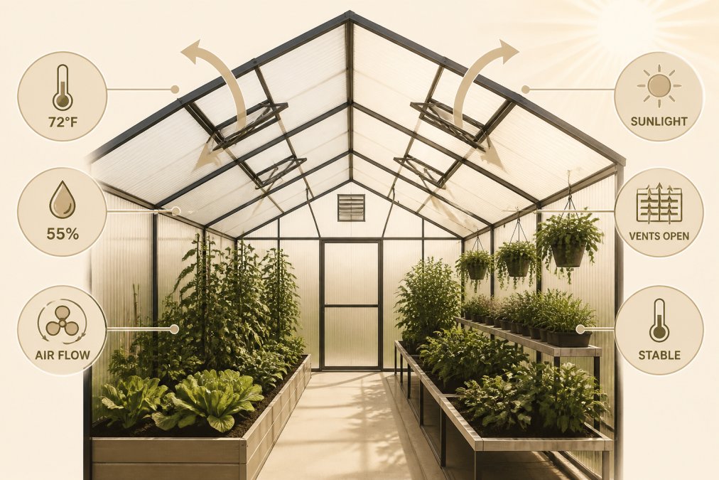 Interior view of a modern polycarbonate greenhouse with ventilation vents open, showing lush green plants in organized rows with natural sunlight streaming through the roof