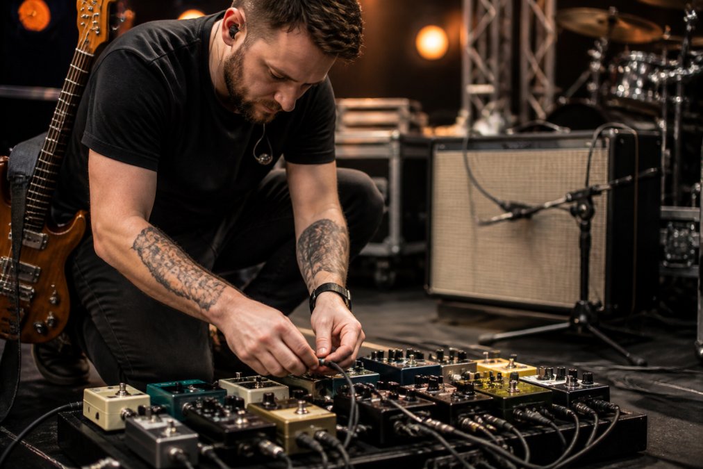 Professional guitarist adjusting patch cables and pedal connections on a pedalboard during soundcheck, with amplifier and cables visible in background under warm stage lighting