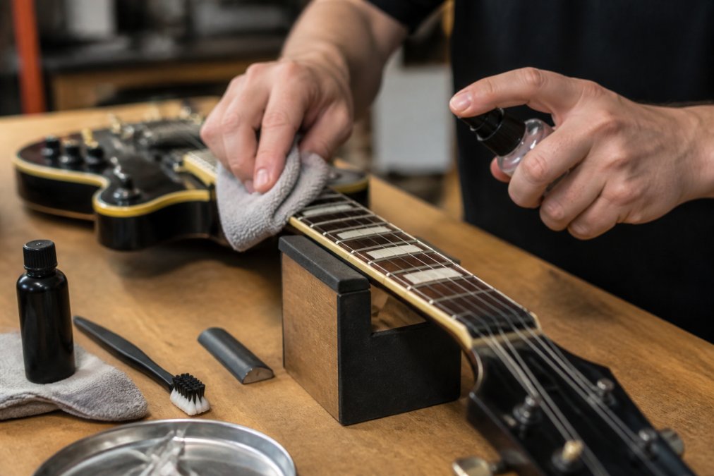 Hands carefully cleaning a guitar neck with soft cloth and specialized cleaning solution, showing proper maintenance technique on wooden workbench with tools and products nearby