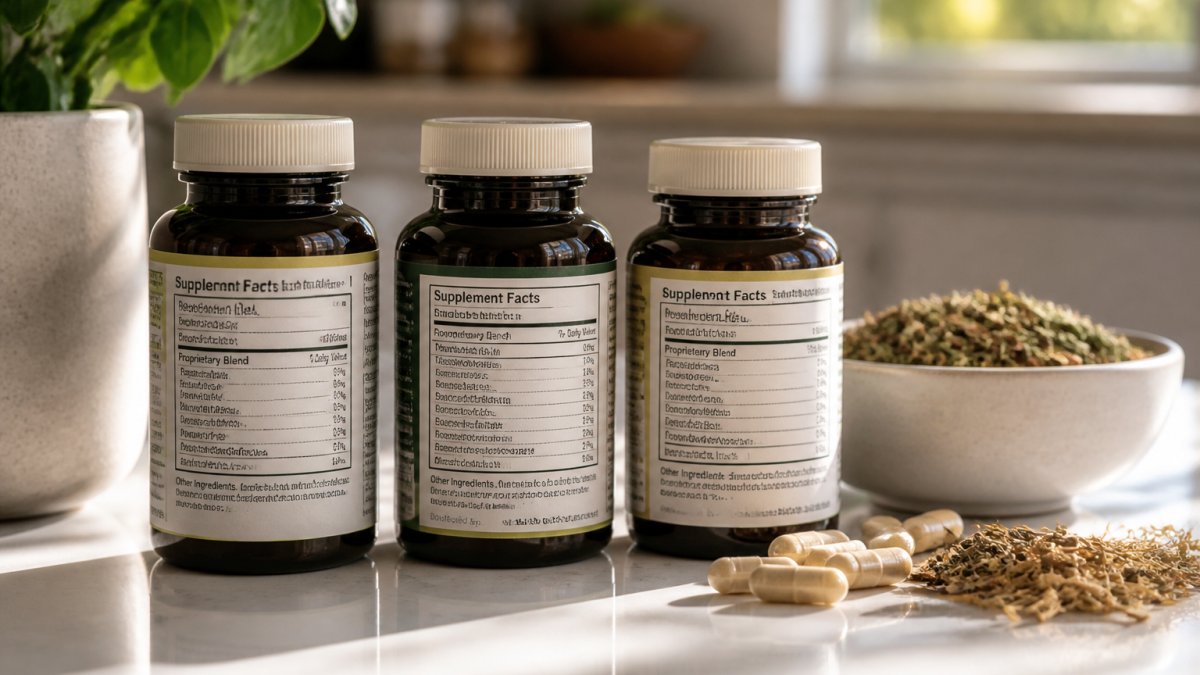 Professional herbal supplement bottles with clear labels showing ingredient transparency, arranged on a clean white surface with natural morning light highlighting the quality and clinical presentation