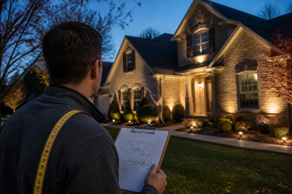 Homeowner planning a professional holiday light display with a roofline sketch and measuring tape at dusk