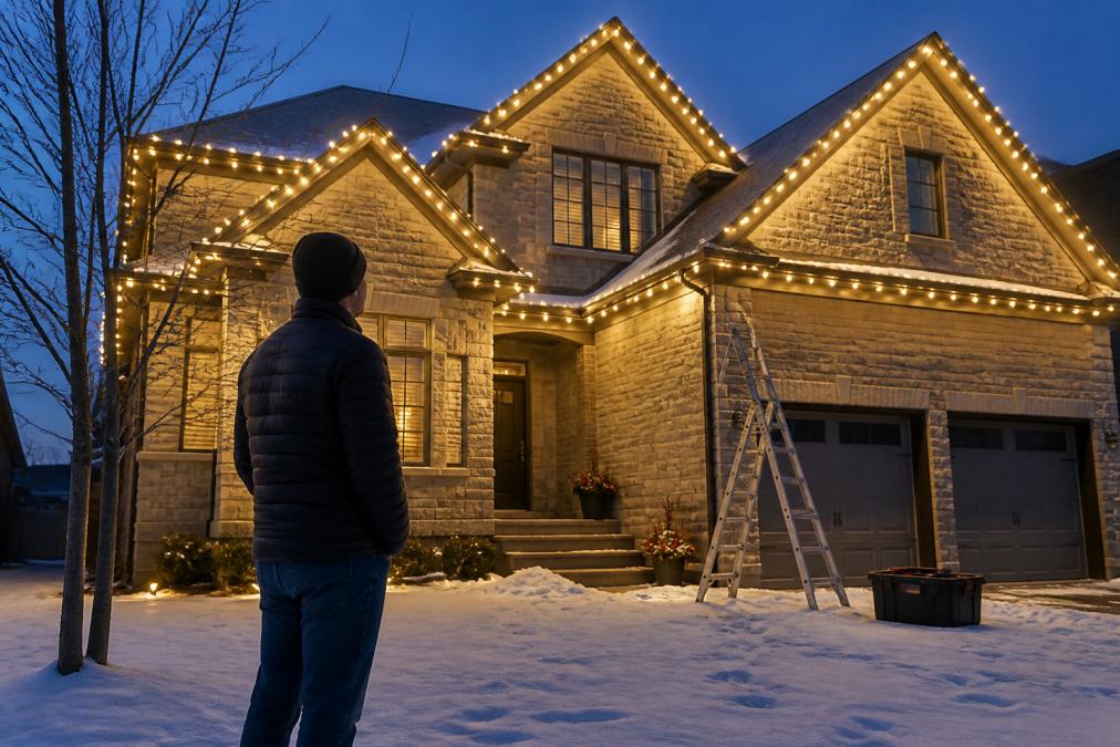 Homeowner admiring professional holiday lighting installed on a snowy roofline at dusk