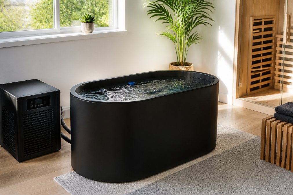 A sleek, modern professional-grade cold plunge tub filled with clear cold water, positioned in a clean home wellness room with white walls, minimal decor, and soft natural light streaming through a window