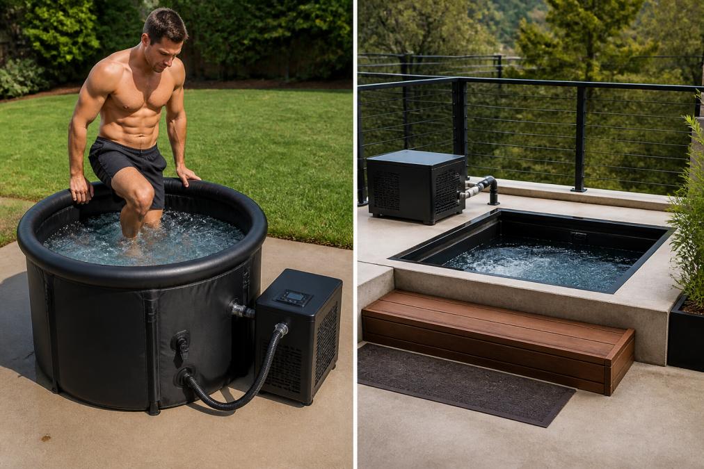 An athlete in athletic shorts stepping into a large inflatable ice bath on a sunny outdoor patio, with a compact chiller unit connected via hoses beside the tub, green grass visible in the background