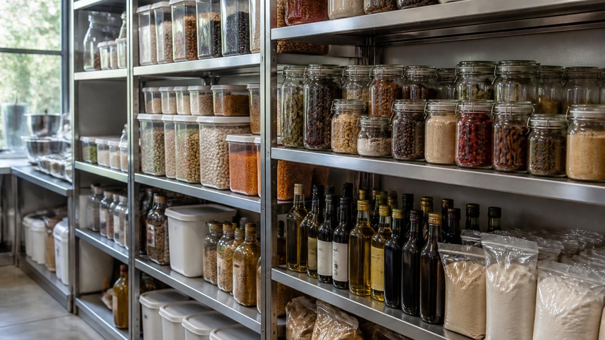 Professional kitchen pantry with organized shelves displaying labeled containers of legumes, dried goods, spices in glass jars, oils in bottles, and specialty flours, natural overhead lighting