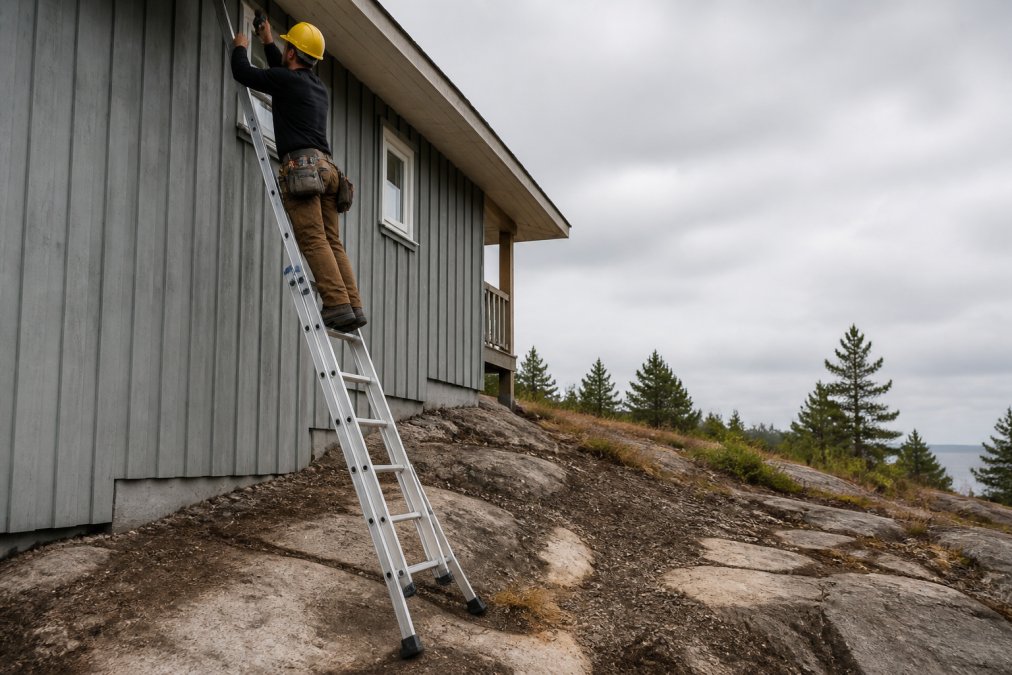 Professional contractor safely positioned on a professional-grade aluminum ladder with stabilizing feet firmly planted on uneven rocky job site terrain, demonstrating stable positioning