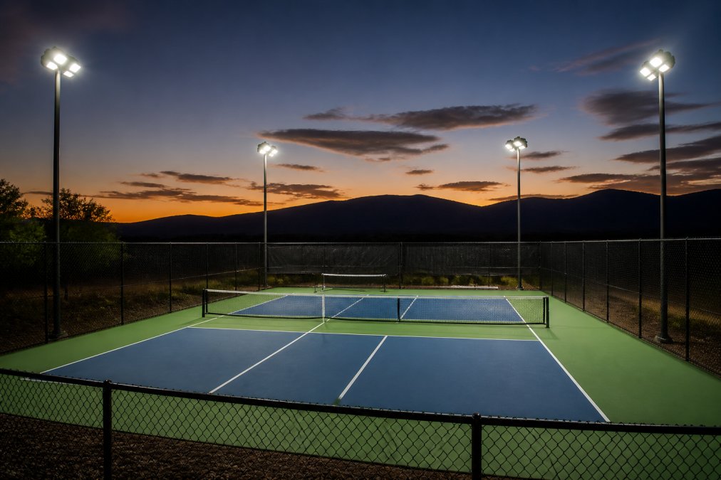 Professional outdoor pickleball court at dusk with LED floodlights mounted on steel poles at the four corners, illuminating the playing surface with even, bright white light while the surrounding area remains dark