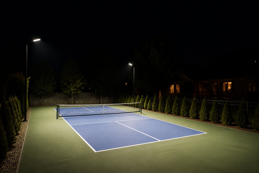 Outdoor pickleball court with directional LED fixtures focused downward on the playing surface, showing sharp cutoff at court boundaries with minimal light spreading into adjacent residential yards at night