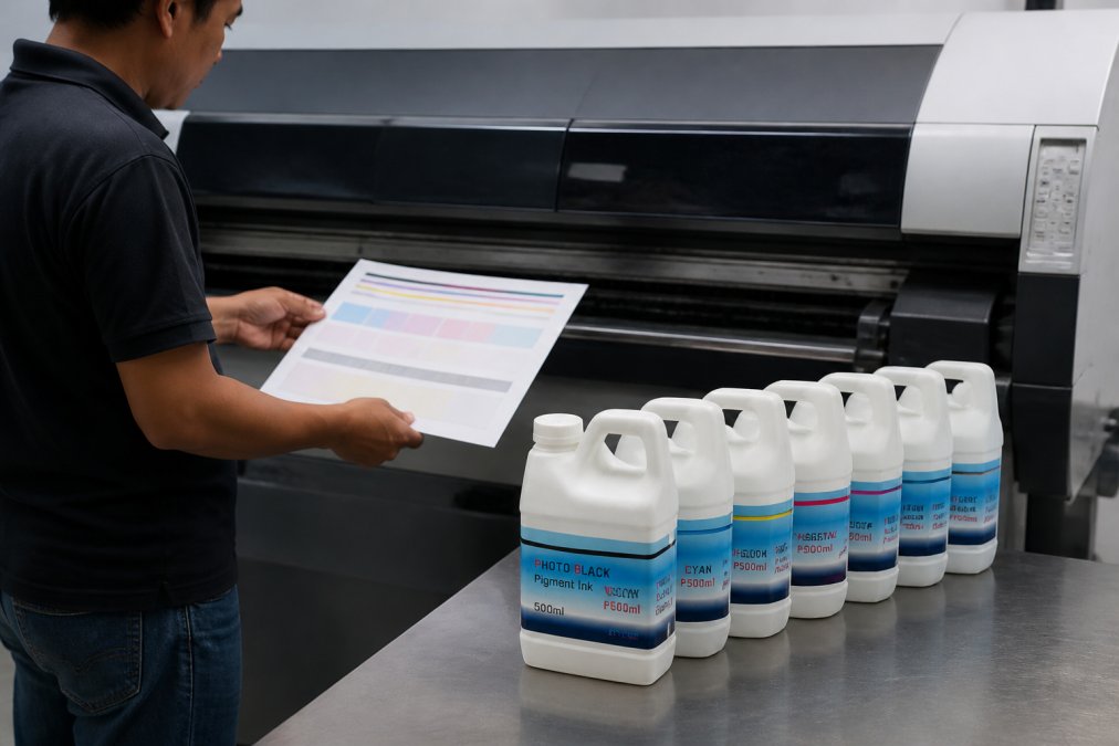 Professional print technician performing a nozzle check on a large-format Epson printer, with the printer display showing color test output and ink bottles arranged on the work surface