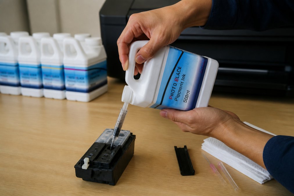 Close-up of hands carefully refilling a professional printer cartridge with a pigment ink bottle, showing the syringe and refill kit components on a clean work surface with proper lighting