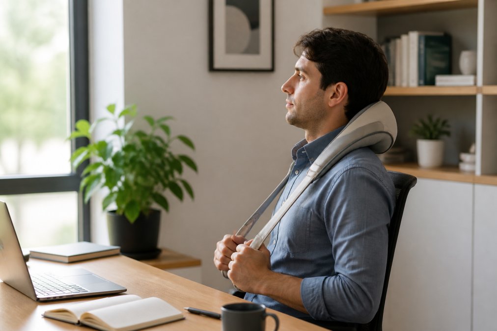 Person at a home desk setup using a neck massager while working, showing realistic daily use integrated into an office environment with natural window lighting