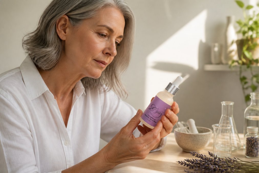 Person with mature skin examining a professional-grade serum bottle in natural light, carefully reading the ingredient label with focused attention to formulation details