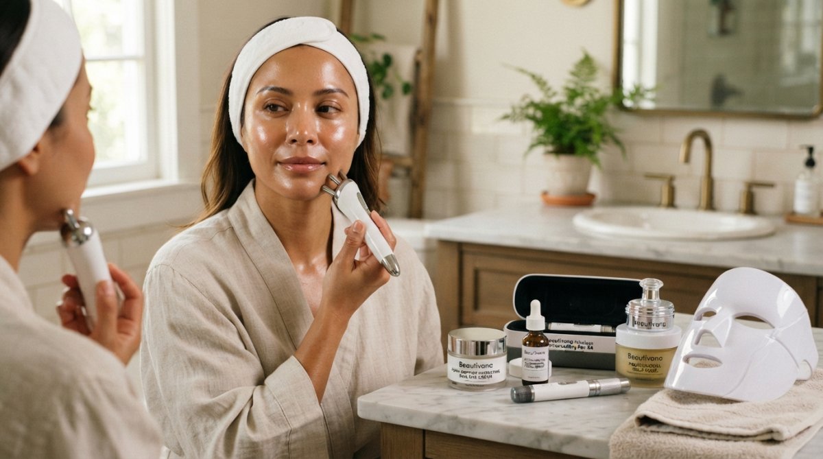 Woman using a professional-grade microcurrent beauty device