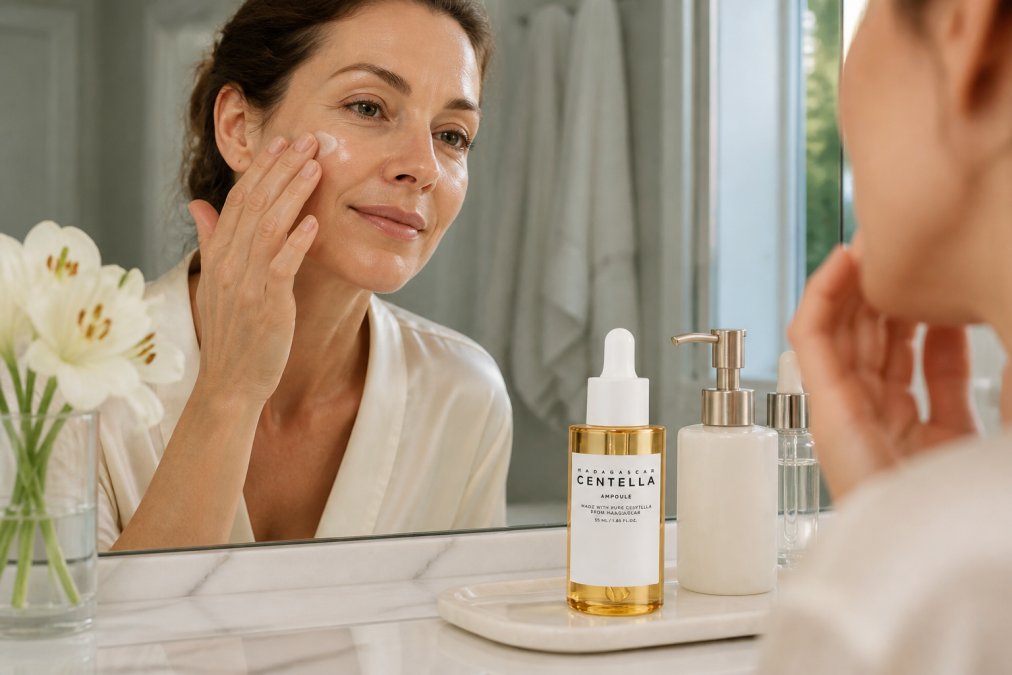 Woman in her early 40s applying a small amount of cream to her cheek in front of a bathroom mirror, with skincare products neatly arranged on a white marble counter under warm bathroom lighting