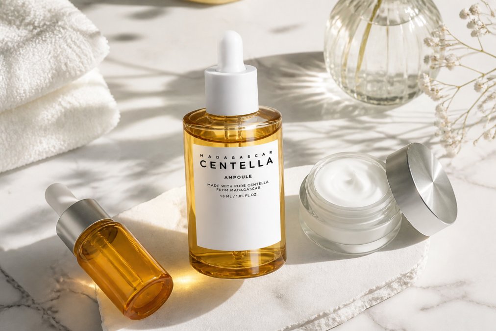 Flat lay of skincare serums, a facial essence bottle, and an eye cream arranged on a clean white marble surface with soft natural window light casting gentle shadows