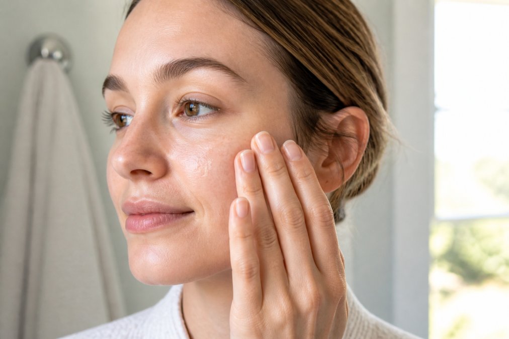 Close-up of a person with calm, clear skin gently applying a lightweight serum to their face with fingertips, showing the product absorbing smoothly into the skin with natural morning light