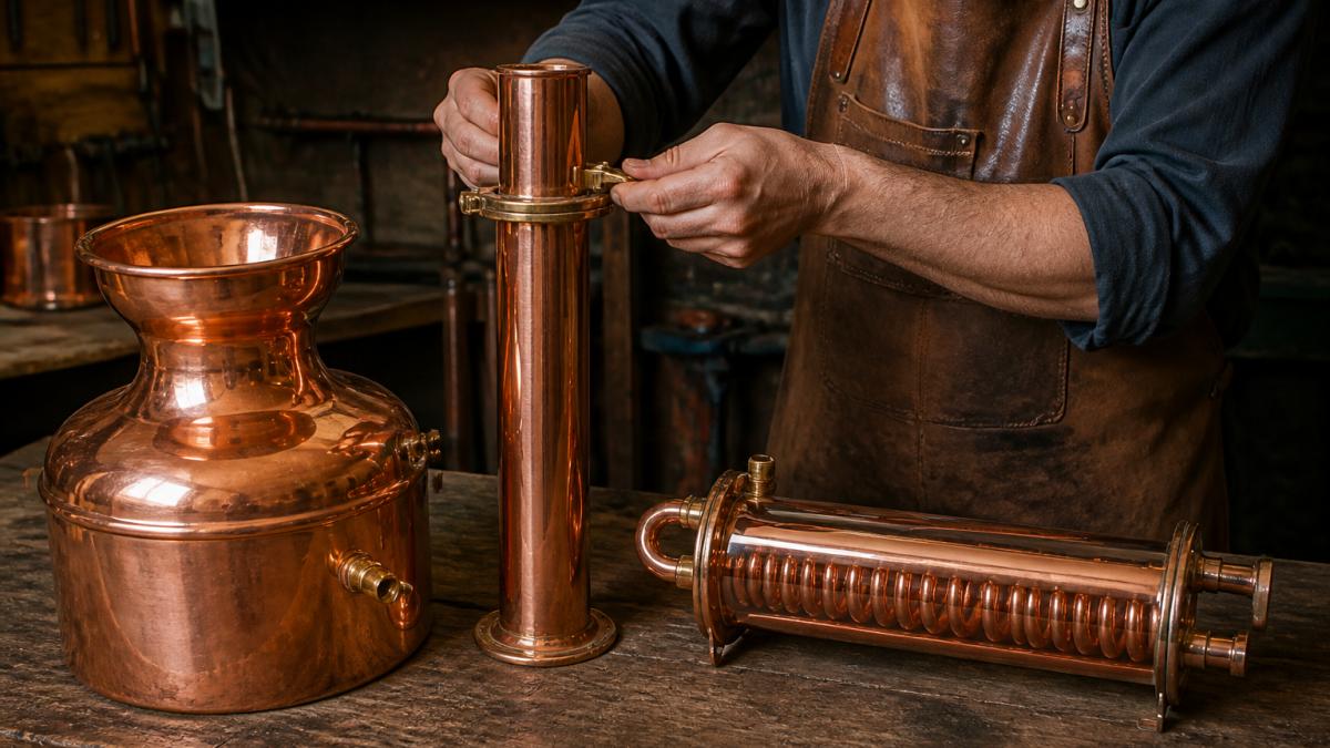 A craftsman's workbench with a copper pot still kettle, column, and condenser laid out in order, hands fitting a clamp onto a copper joint, soft workshop lighting