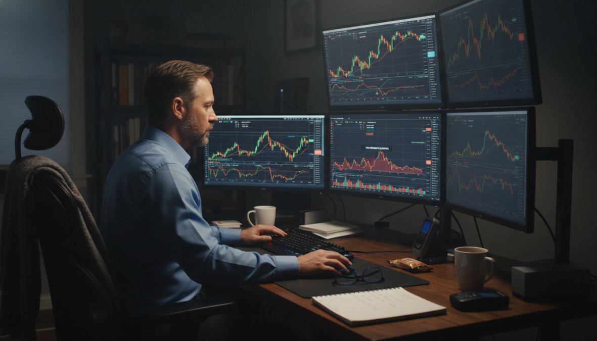 A focused professional trader sitting at a multi-monitor desk setup displaying financial charts and real-time market data, face illuminated by screen glow in a dimly lit home trading office with a mechanical keyboard and notepad visible