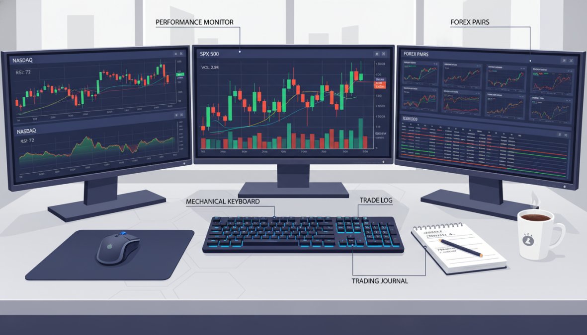 Close-up of a high-performance trading workstation with three ultrawide monitors displaying candlestick charts and order flow data, a mechanical keyboard, a printed trading journal notebook, and a coffee cup on a clean desk under warm overhead lighting