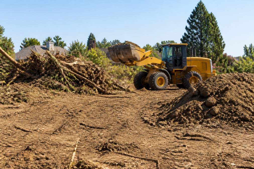Heavy equipment including a wheel loader actively clearing and excavating land with piles of vegetation, debris, and soil in various stages of removal on a residential property under clear daylight