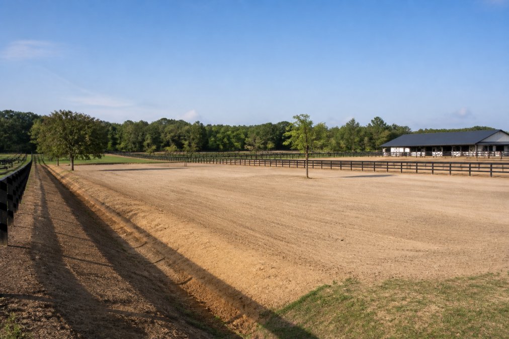 Professionally graded equestrian property showing level paddock areas with proper drainage swales, cleared acreage ready for use, and improved land surface under natural daylight conditions