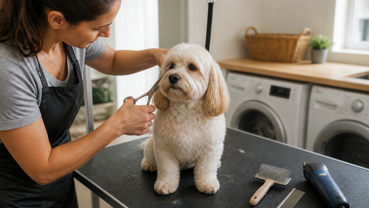 A pet owner using professional grooming scissors with safety round tips to trim around a calm dog's face on a grooming table in a bright home laundry room, with clippers and comb nearby