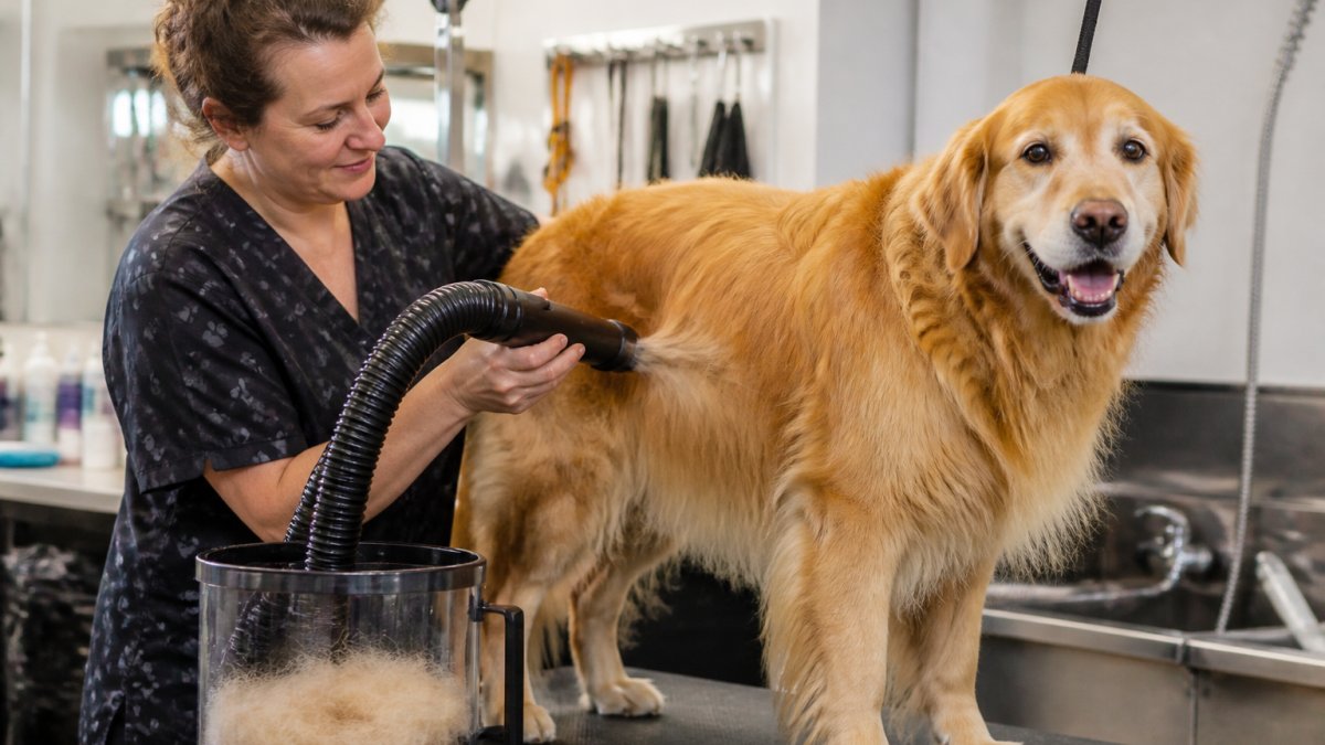Professional groomer using a de-shedding tool during a professional grooming seasonal coat session for a Golden Retriever.