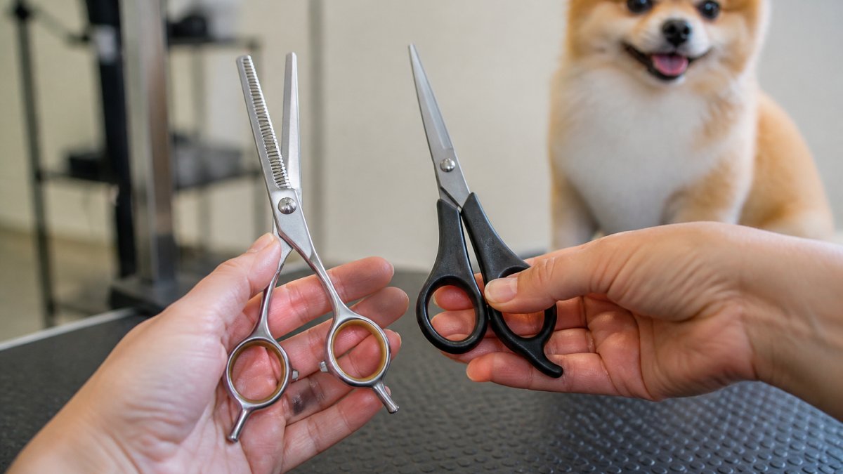Comparison chart displaying the structural differences between professional grooming shears and household scissors