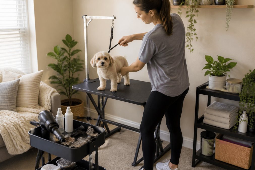 A home pet owner setting up a compact grooming table in a small apartment corner, with a small dog standing calmly on the non-slip surface and grooming tools neatly arranged nearby