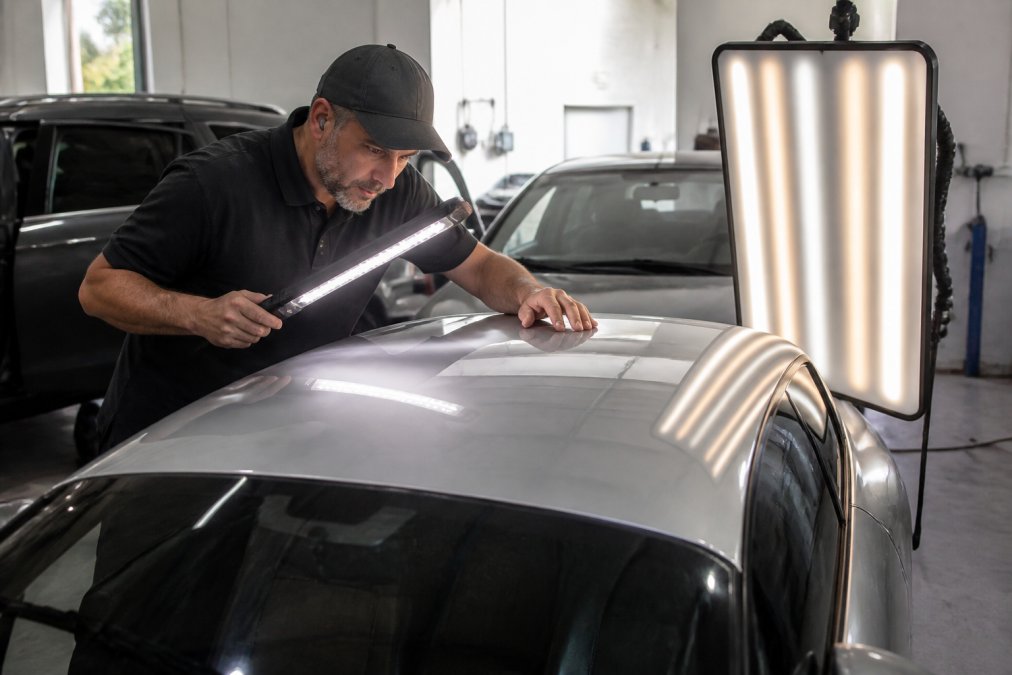 A technician in a professional auto repair shop using a bright LED inspection light to examine a vehicle's roof and hood for small dents, with a shadow board nearby
