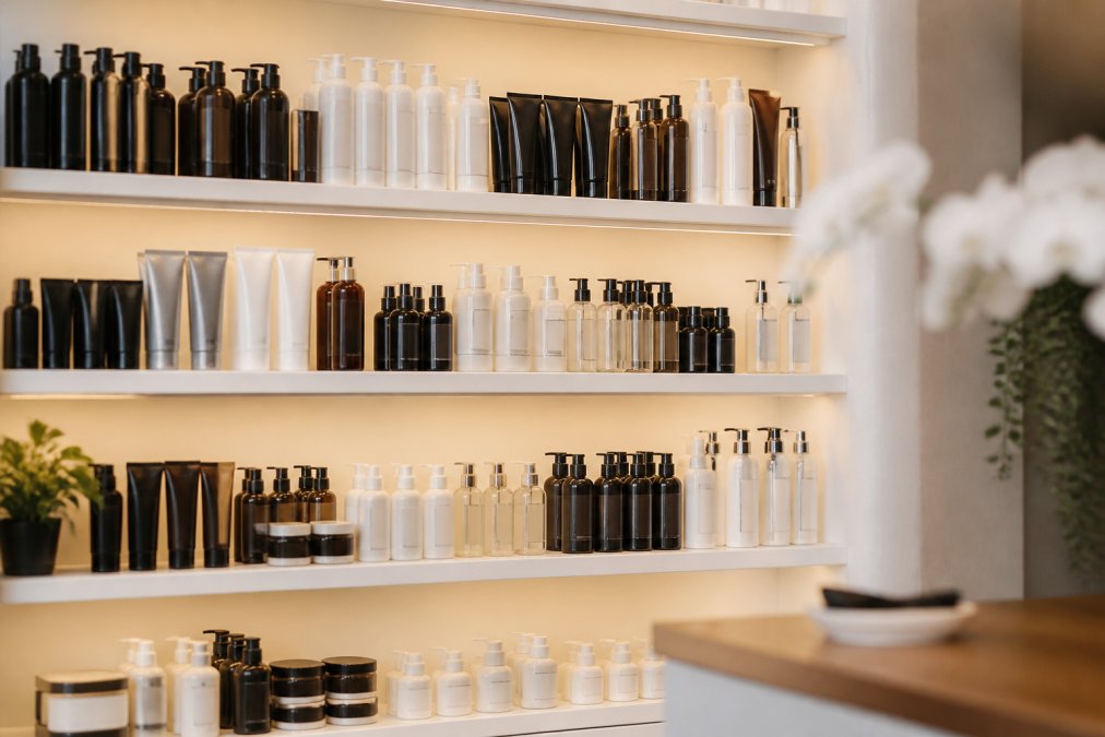 A well-organized salon retail display shelf featuring professional hair care product bottles with clear labels, arranged by product category, lit by warm ambient salon lighting with a clean white background