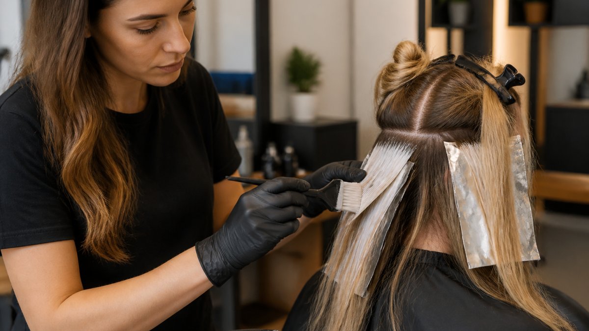 Professional colorist applying bleaching powder to client's hair during a highlight service in a modern salon, showing precision application and professional technique with proper sectioning and product consistency