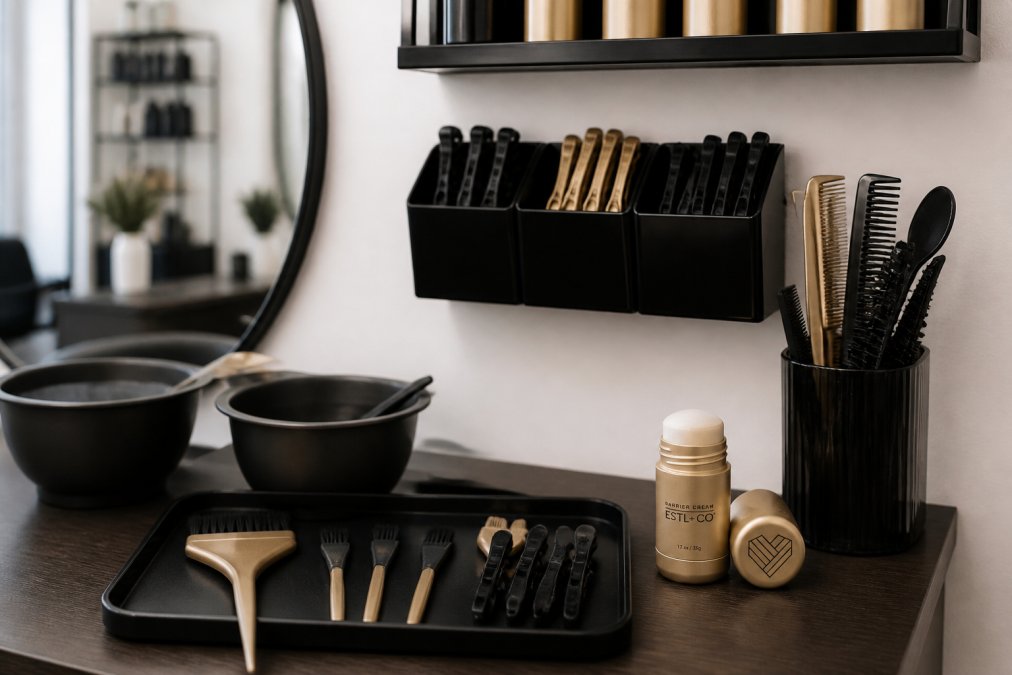 A well-organized professional salon color station with stain-resistant color bowls, feathered brushes, sectioning clips, and barrier cream stick neatly arranged in accessible containers and wall-mounted holders, ready for efficient service