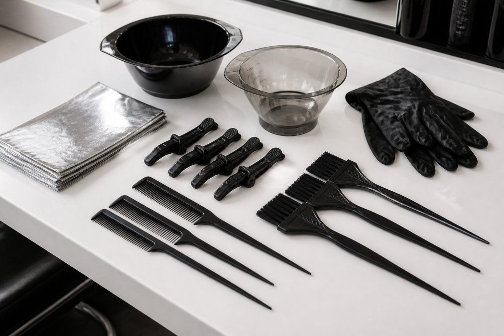 Flat lay of a fully stocked professional hair colorist workstation showing stain-resistant tint bowls, feathered tint brushes, sectioning clips, tail combs, highlighting foils, and latex gloves arranged neatly on a white salon counter under bright overhead lighting