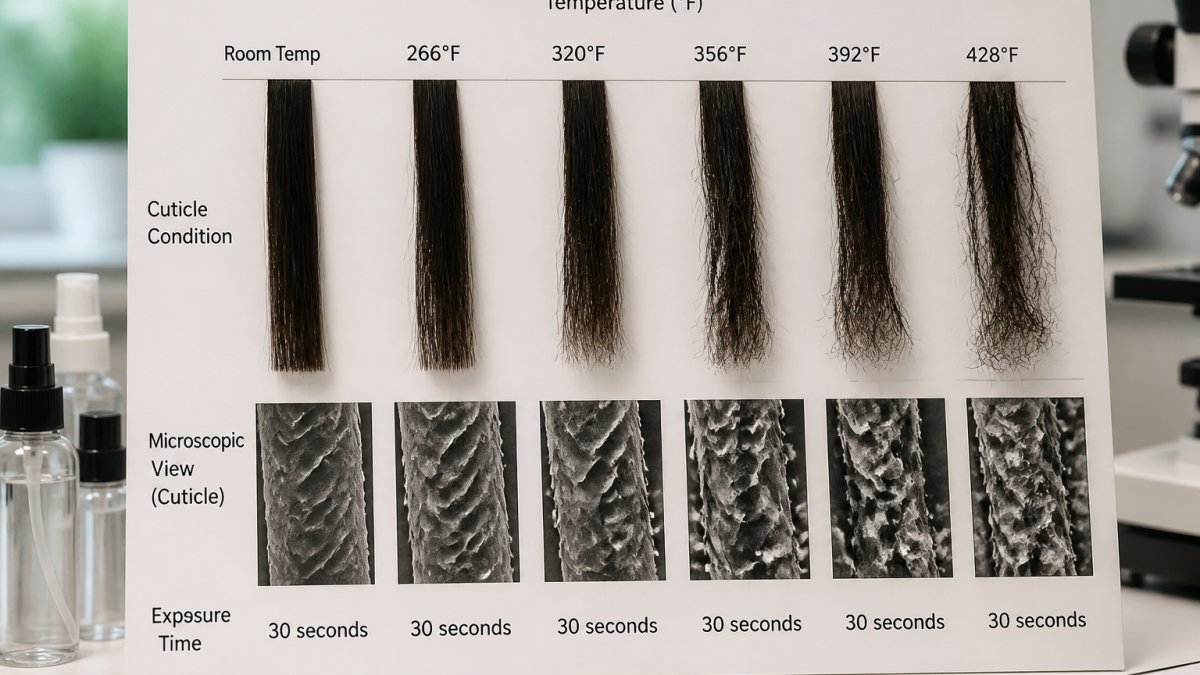 Cross-section diagram showing hair cuticle damage at different temperatures and exposure times, with temperature scale in Fahrenheit and visual representation of protein denaturation